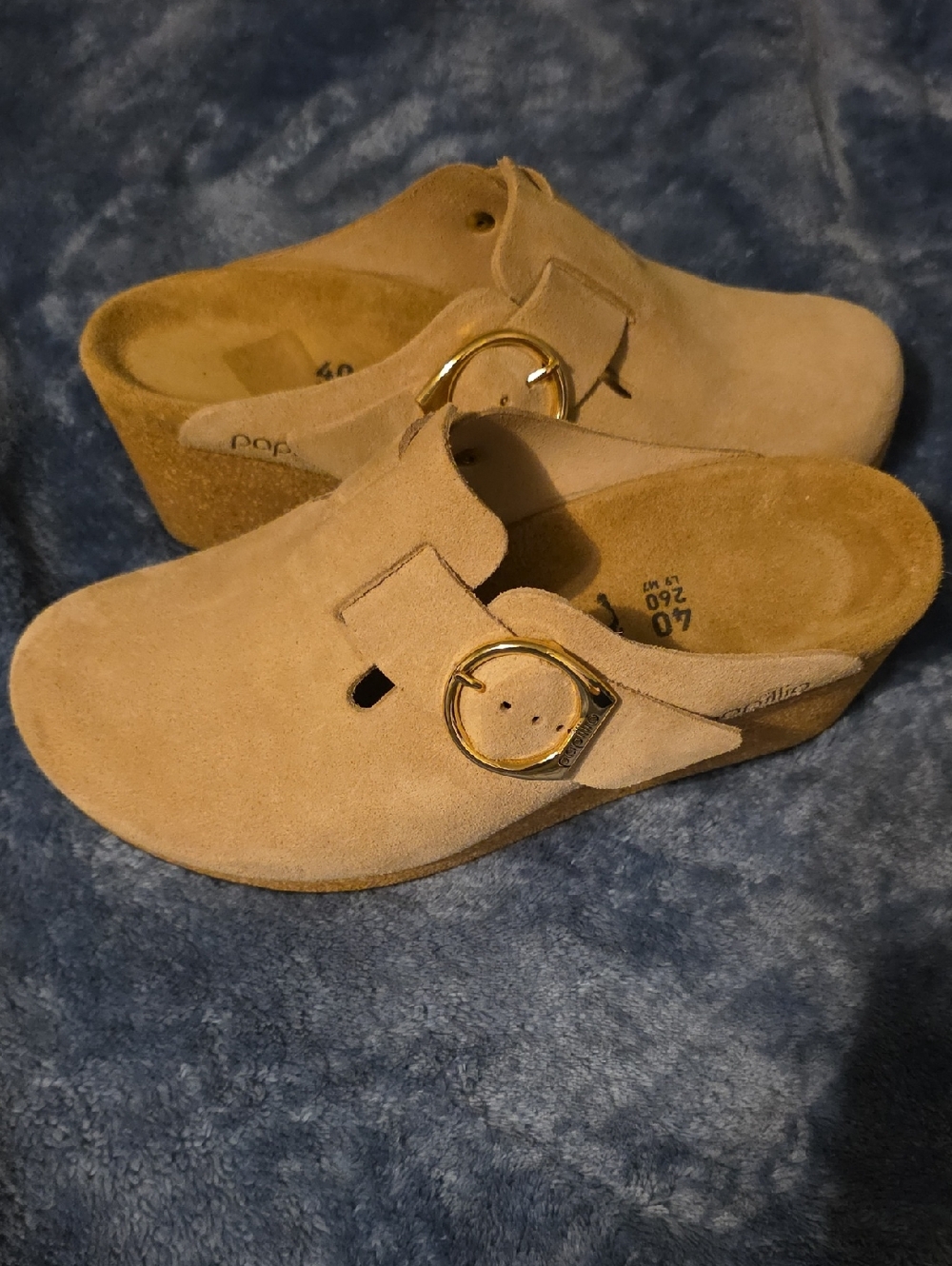 Papillio By Birkenstock Tan Suede Wedge Clogs with Gold Buckle